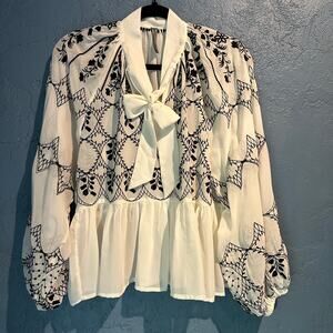 Anthropologie XXS Blouse Long Sleeve Large Bow Sheer Embroidery Coquette Fairy
